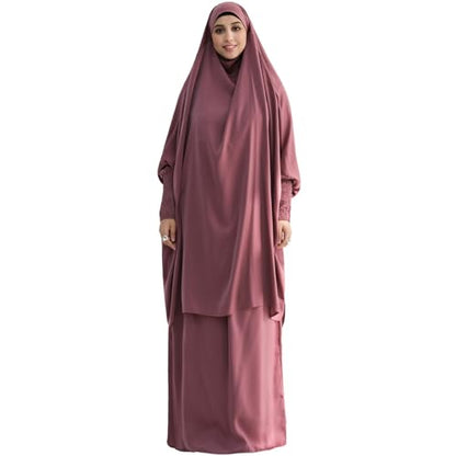 Muslim Women Abaya Two Pieces Set Prayer Dress Elasticated Sleeves Islamic Robe Modest Full Cover Prayer Clothes - color: Purple