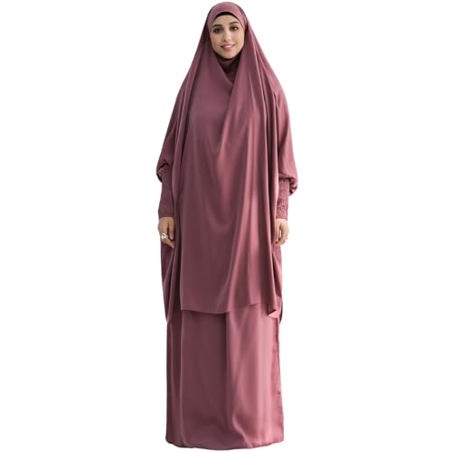 Muslim Women Abaya Two Pieces Set Prayer Dress Elasticated Sleeves Islamic Robe Modest Full Cover Prayer Clothes - color: Purple