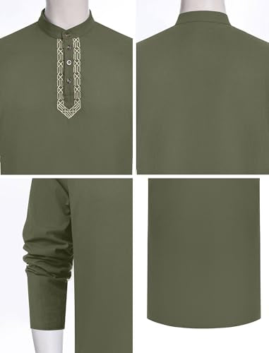 IWEMEK Men Kaftan Robe Button Up Muslim Thobe Long Sleeve Eid Ramadan Abaya Henley Shirts Casual Dubai Islamic Prayer Clothes - color: Green, size: Large