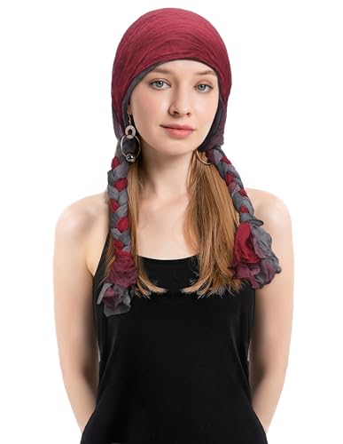 ZLYC Chemo Headwear Long Pre Tied Head Scarf Beanie for Women - color: Braid Burgundy and Gray