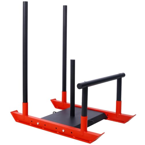 Weight Training Sled, Heavy Duty Steel Push Pull Sled Fitness Speed Strength Training Equipment with Removable Poles and Harness, Adjustable 1" 2" Plate Compatible Workout Sled for Outdoor Training