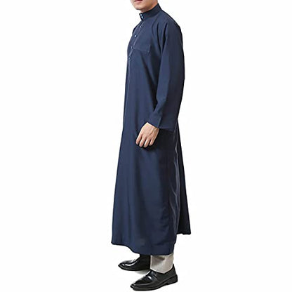 Men's Saudi Arabic Thobe Jubba Dishdasha Long Sleeve Robe Ramadan Muslim Dress Middle East Islamic Clothing (328# Navy, L)