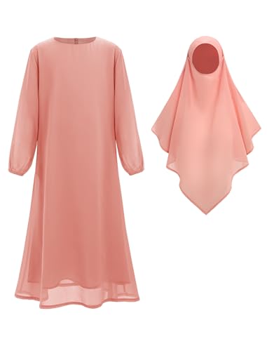 IDOPIP Muslim Dress for Girls Islamic Prayer Abaya Long Sleeve Chiffon Kaftan Robe Dresses with Hijab Ramadan Dubai Outfits - color: Pink, size: 3-4 Years