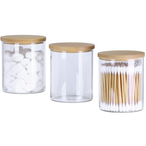 INIUNIK 3 Pack Glass Qtip Holder Dispenser with Bamboo Lid Apothecary Jars Cotton Ball Swab Holder Jar Dispenser Bathroom Vanity Canisters for Countertop Storage and Organization - size: 3 Pack