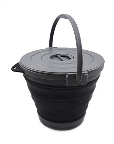 SAMMART 10L(2.64Gallon) Collapsible Fishing Bucket with Locking Lid - Foldable Round Tub - Portable Plastic Water Pail - Space Saving Outdoor Waterpot (Grey/Black) - color: Grey/Black