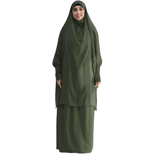Muslim Women Abaya Two Pieces Set Prayer Dress Elasticated Sleeves Islamic Robe Modest Full Cover Prayer Clothes - color: Army Green