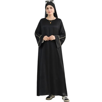 Muslim Praying Dress for Women Silk Glossy Back Zipper Robe Wear Gold Trim Modest Abaya Dress with Hijab - color: Black, size: Large