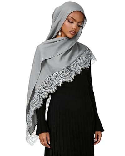 JUMISEE Elegant Floral Lace Hijab Scarf for Women Soft Cotton Head Wrap Instant Hijab Long Scarves Evening Dress Shawl - color: Gray