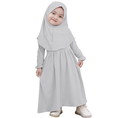 IWEMEK 2PCS Newborn Baby Girls Muslim Abaya Prayer Dress with Hijab Islamic Middle East Arab Dubai Robe Ramadan Eid Clothes - color: Grey, size: 0-6 Months