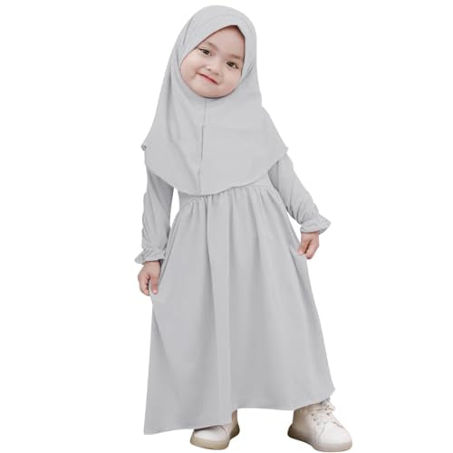 IWEMEK 2PCS Newborn Baby Girls Muslim Abaya Prayer Dress with Hijab Islamic Middle East Arab Dubai Robe Ramadan Eid Clothes - color: Grey, size: 0-6 Months