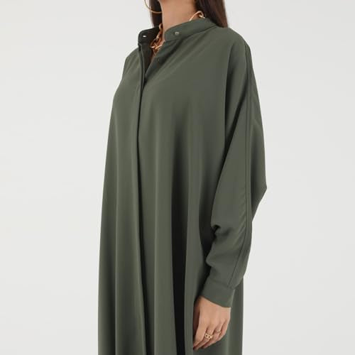 IKADEX Women Batwing Sleeve Abaya Button Loose Fit Long Maxi Muslim Dress Islamic Kaftan Prayer Robe - color: Army Green