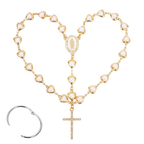 Car Rosary for Rearview Mirror, Evil Eye Pendant Car Interior Rear View Mirror Charm Auto Decors, Cross Personalized Hanging Accessories for Women Men (Golden-Heart) - size: Golden-heart
