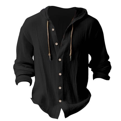 Linen Shirts for Men Casual Button Shirt Summer Cotton Linen Hoodie Beach Long Sleeve Shirts Top with Hood - color: A1-black, size: Medium