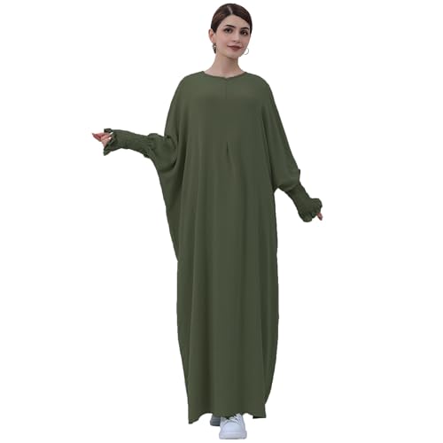 khalat Womens Muslim Prayer Dress Front Zipper Kaftan Islamic Robe Modest Solid Abayas for Women Muslim - color: Army Green