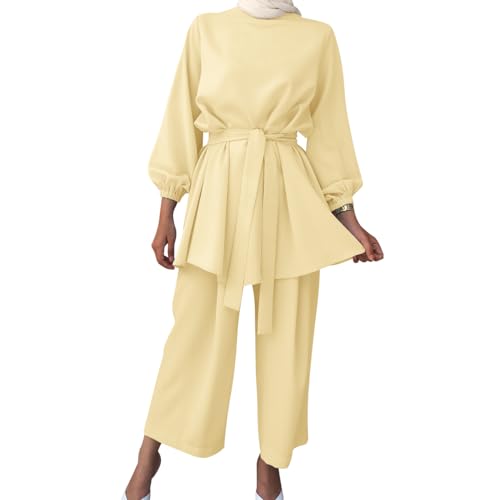 IWEMEK Abayas for Women Muslim Long Sleeve Loose Top Pants 2 Pcs Eid Ramadan Outfits Casual Islamic Muslim Clothes with Belt - color: Yellow, size: Small