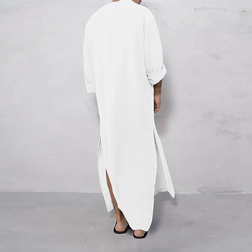 Muslim Thobe for Men Button Down Kaftan Long Sleeve Long Gowns Solid Sleep Shirts Robes with Pockets Side Split - color: White, size: X-Large