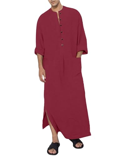 YAOHUOLE Kaftan for Men Long Sleeve Muslim Men Thobe Kaftan Thobe with Pockets - color: Wine Red, size: Medium