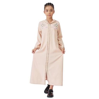 Kids Girls Abaya Muslim Eid Dress Gold Embroidered Lace Hooded Maxi Kaftan Robe Islamic Dubai Prayer Clothes - color: B-beige, size: 14 Years