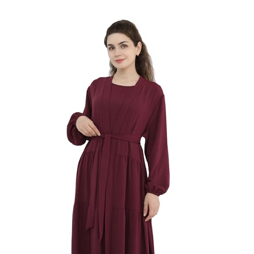 Prlemend Two-Pieces Abaya for Women Muslim Robe with Belt Prayer Dress Set | 2PCs, with Belt, Cake Skirt - color: Wine Red, size: Medium