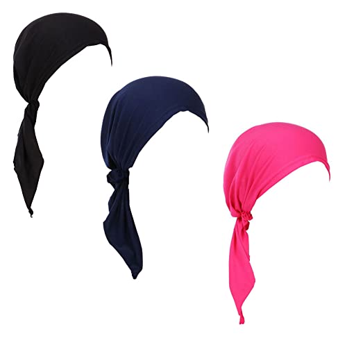 3 Packed Women's Pre Tied Head Scarves Slip On Chemo Beanies Hair Cover Headwrap Caps - color: A1-solid-3packed