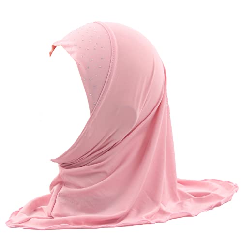 Girls Kids Muslim Hijab Islamic Scarf, Shawl with Rhinestone, Ready-to-Wear Daily Scarf for Ages 3-8 - color: Orange Pink