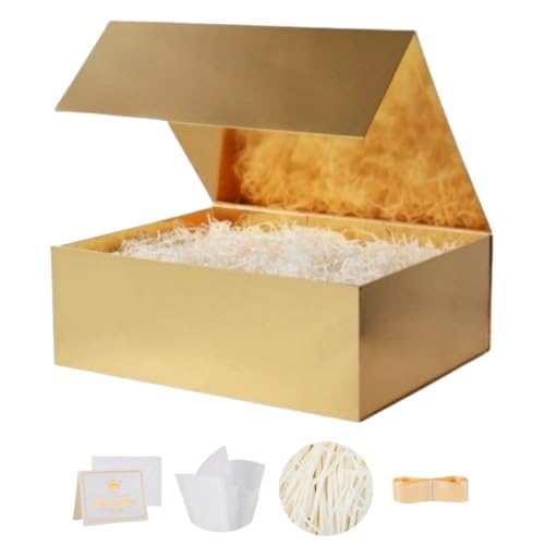 UoeRing 1 Pcs Gold Gift Box Large 11.5x8x4 Inch with Magnetic Lid | Collapsible Luxury Present Box,for Birthday,Christmas Holiday Gift Includes Card,Ribbon,Tissue Paper & Shredded Filler - color: 13.5x11.8x4.7 Inch-Gold-Pack of 1