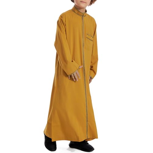 Muslim Abaya Islamic Thobe for Boys Long Sleeve Solid Festive Clothes Teen Kids Cozy Ramadan Prayer Thobe with Pocket - color: Yellow, size: 5-6 Years