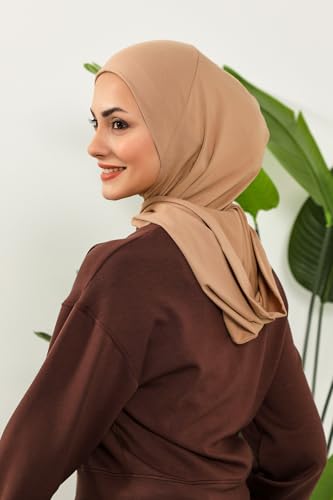 Aisha's Design Full Coverage%95 Cotton Bonnet for Women, Ready-to-Wear Hijab Bonnet Headscarf with Neck Coverage - color: Sand Brown
