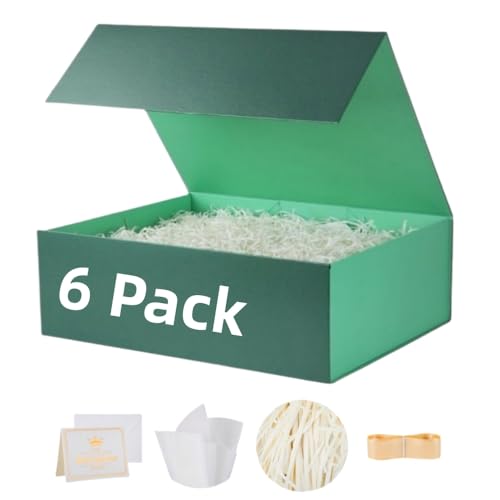 UoeRing 6 Pcs Green Gift Box Large 11.5x8x4 Inch with Magnetic Lid | Collapsible Luxury Present Box,for Birthday,Christmas Holiday Gift Includes Card,Ribbon,Tissue Paper & Shredded Filler - color: 13.5x11.8x4.7 Inch-Green-Pack of 6