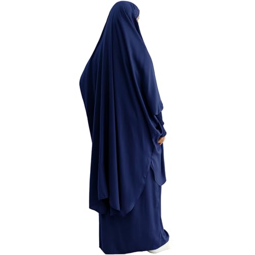 Muslim Women Abaya Two Pieces Set Prayer Dress Elasticated Sleeves Islamic Robe Modest Full Cover Prayer Clothes - color: Navy Blue