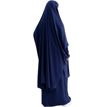 Muslim Women Abaya Two Pieces Set Prayer Dress Elasticated Sleeves Islamic Robe Modest Full Cover Prayer Clothes - color: Navy Blue