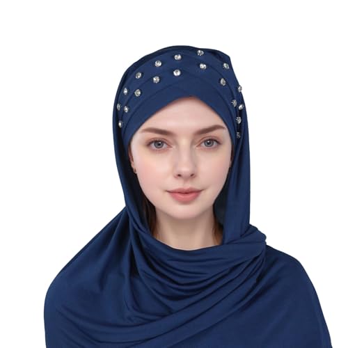 Muslim Head Scarf for Women Crystal Linen Rhinestone Cross Strap Turban Wrap Cap Elegant Breathable Sparkly Hijab - color: 08#_navy