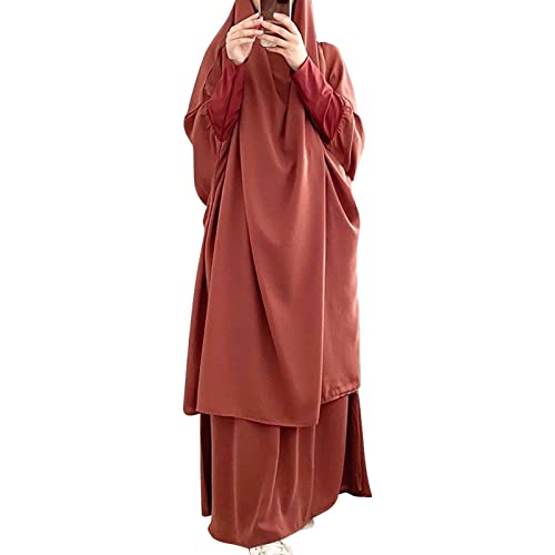 Prayer Clothes for Muslim Women Islamic Abaya Suit Maxi Skirt + Khimar Hijab 2pcss Burka Jilbab Kaftan - color: Orange