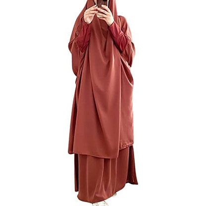 Prayer Clothes for Muslim Women Islamic Abaya Suit Maxi Skirt + Khimar Hijab 2pcss Burka Jilbab Kaftan - color: Orange