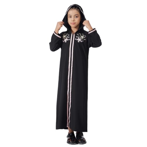 Kids Girls Abaya Muslim Eid Dress Gold Embroidered Lace Hooded Maxi Kaftan Robe Islamic Dubai Prayer Clothes - color: A-black, size: 5T