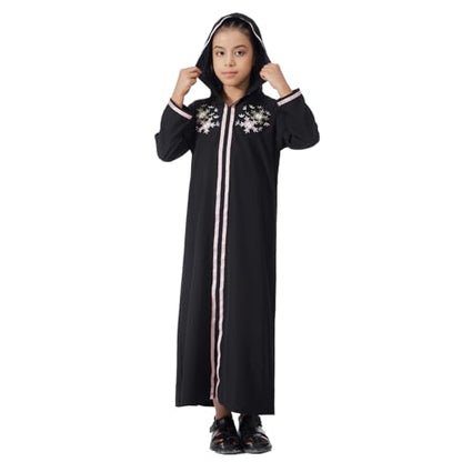 Kids Girls Abaya Muslim Eid Dress Gold Embroidered Lace Hooded Maxi Kaftan Robe Islamic Dubai Prayer Clothes - color: A-black, size: 12 Years