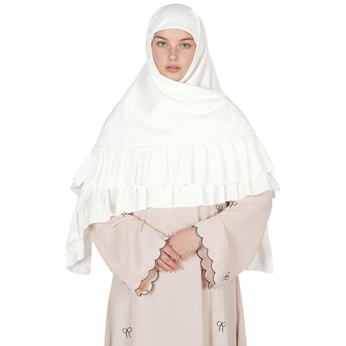 Prayer Hijab for Women Muslim Cotton Blend Lightweight Ruffled Square Scarf - color: White