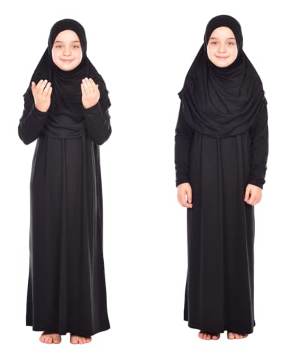 Prien Kids Prayer Dress Muslim Clothes for Girls Long Sleeve Abaya with Hijab Two Piece Maxi Islamic Set Scarf Kaftan Jilbab - color: Black