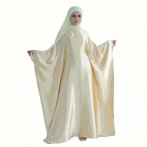 Abaya Muslim Women Dress Satin Batwing Sleeve Kaftan Maxi Arabian Dubai Islamic Ramadan Prayer Dress with Hijab Scarf - color: Beige