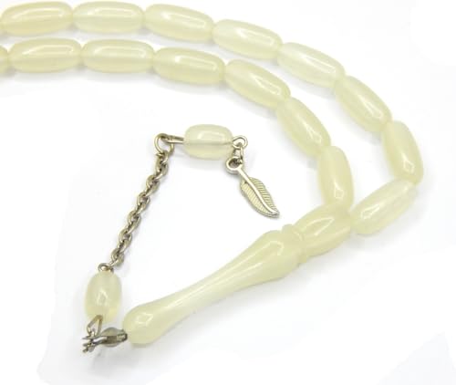 Perlin Muslim Prayer Beads 33 Bead Glow in the Dark Tasbih – Islamic Misbaha Subha Dhikr Beads with 15 x 6 mm Oval Luminous White Beads, Ottoman Style Prayer Rosary for Meditation and Worship, 38 cm