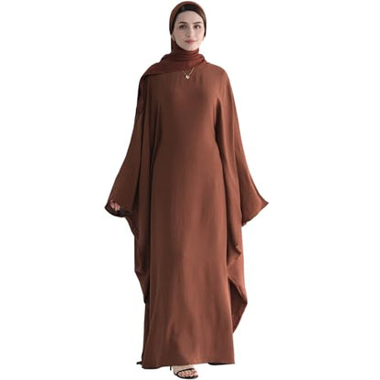 Muslim Abaya Dress Women Middle East Arabian Prayer Robe Batwing Maxi Kaftan Abaya Dress with Hijab - color: Coffee