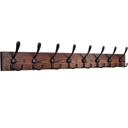 IBosins Wall Mounted Coat Rack, 31-2/5'' Long, Entryway Hanging Rack, Metal Wood Coat Hooks Rack with 8 Black Rustic Tri-Hooks Rail for Coat, Bag, Towel, Key, Hat, Umbrella - color: Brown