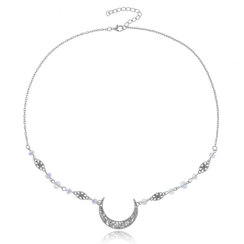 Yalice Boho Crescent Moon Head Chain Vintage Black Crystal Forehead Headpieces Rhinestone Witchy Halloween Hair Jewelry for Women - color: Silver-White