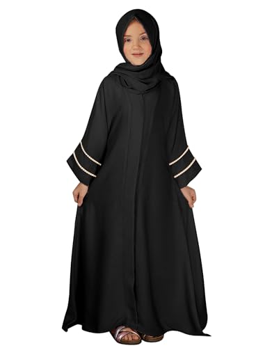 ABEWIP Girls Muslim Dress Chiffon Kaftan Maxi Dress Cardigan Robe Islamic Modest Hijab Dress for Girls with Pockets - color: Black, size: 5-6 Years