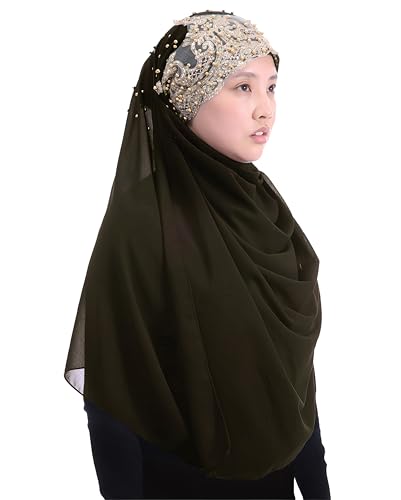 Lina & Lily Premium Chiffon Hijab Head Scarf Wrap with Gold Sequins Glitters Beads for Muslim Women - color: Dark Olive