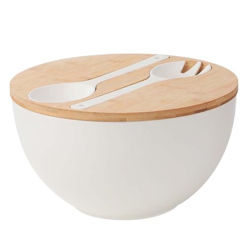 10” Bamboo Fiber Large Salad Serving Bowl Set with Wooden Lid & Servers, 3.5Qt Big Bowl with Utensils for Mixing Salad,Fruit,Pasta,Lightweight & Dishwasher Safe, Ideal Gift for Home - Matte White - color: Matte White, size: 9.84 inch