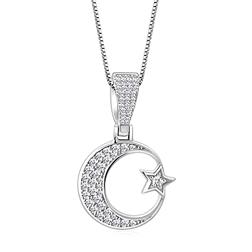My Daily Styles 925 Sterling Silver CZ Islamic Muslim Pendant Necklace with Crescent Moon and Star Design