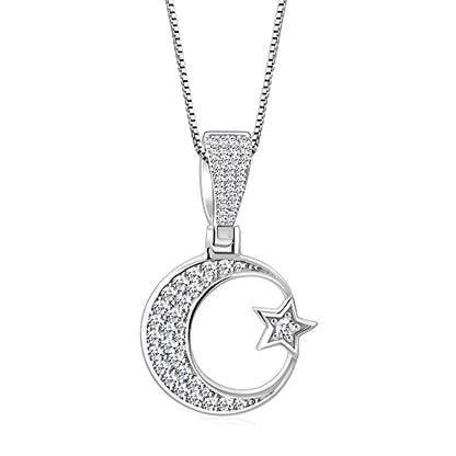 My Daily Styles 925 Sterling Silver CZ Islamic Muslim Pendant Necklace with Crescent Moon and Star Design