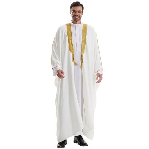 Muslim Men Thobe Thick Golden Tassel Muslim Prayer Cardigan Eid Open Abaya - color: White, size: Large