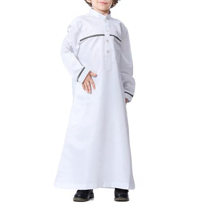 Muslim Thobe for Boys Islamic Clothing Long Sleeve Kaftan 𝐑obe Arabic Dress Kids Boys Prayer Dress Ramadan Eid Outfit - color: White, size: 7-8 Years